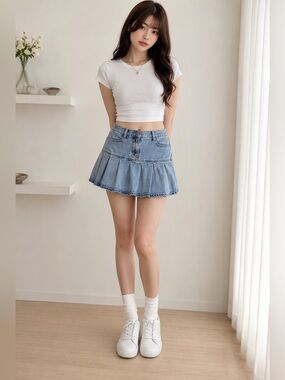 PUNYUS Denim Pleated Skort Y2K Japanese Streetwear Elastic Waist Mini